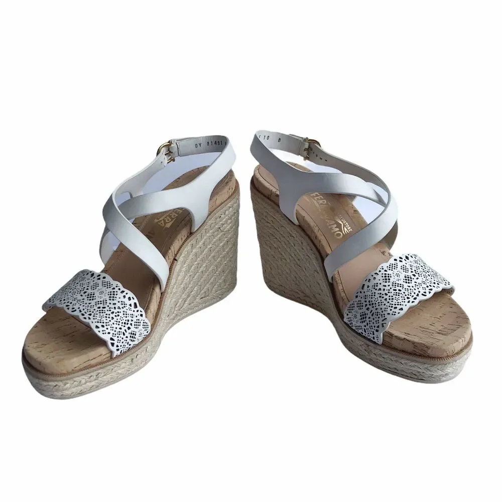 Ferragamo Gioela Wedges Espadrilles Size 40 Lait Rope Wrapped High Heel Sandals